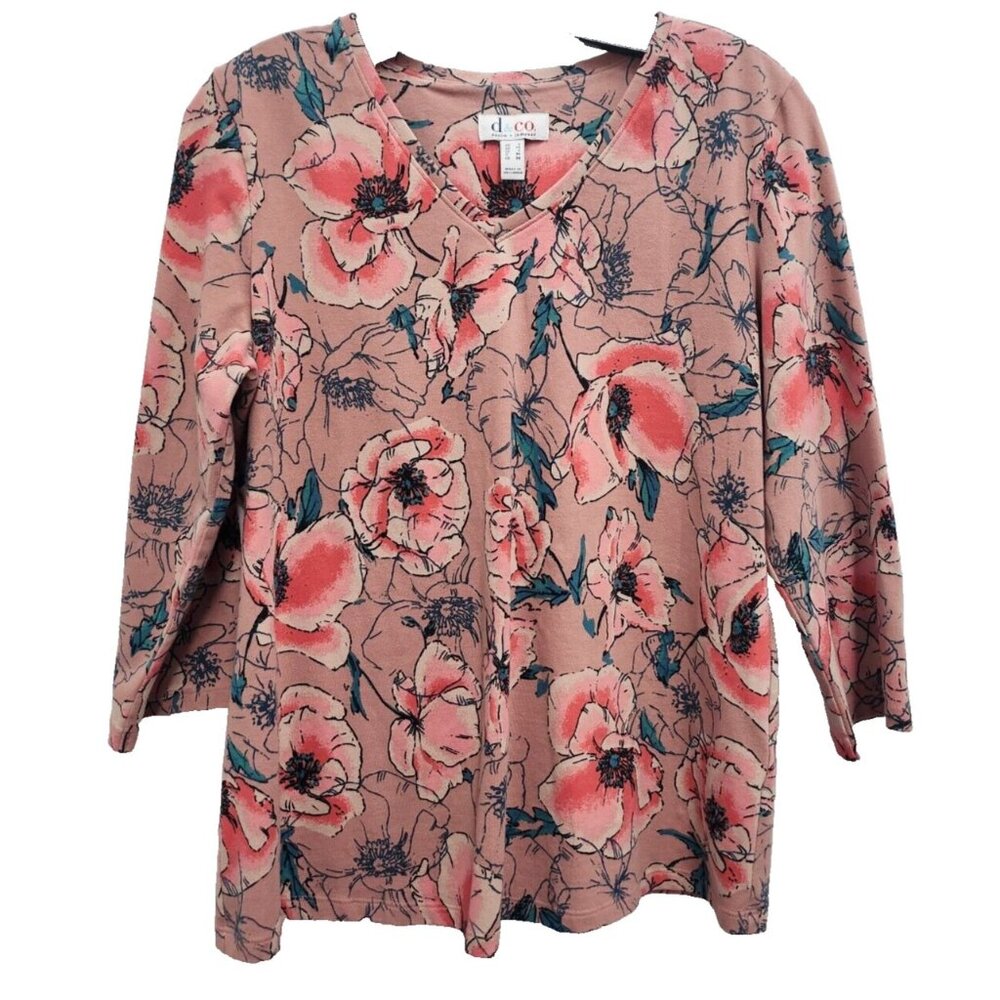 D&Co Denim & Company Womens Top Small Pink Floral 3/4 Sleeve V-Neck Casual